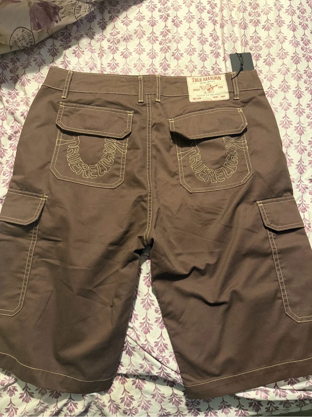True Religion Brown Utility Cargo Shorts with Contrast Stitching